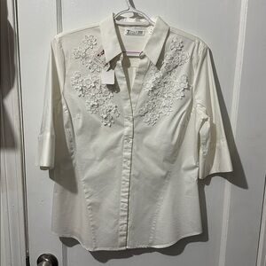 New York & Company White Button Down Shirt with Floral Embroidery